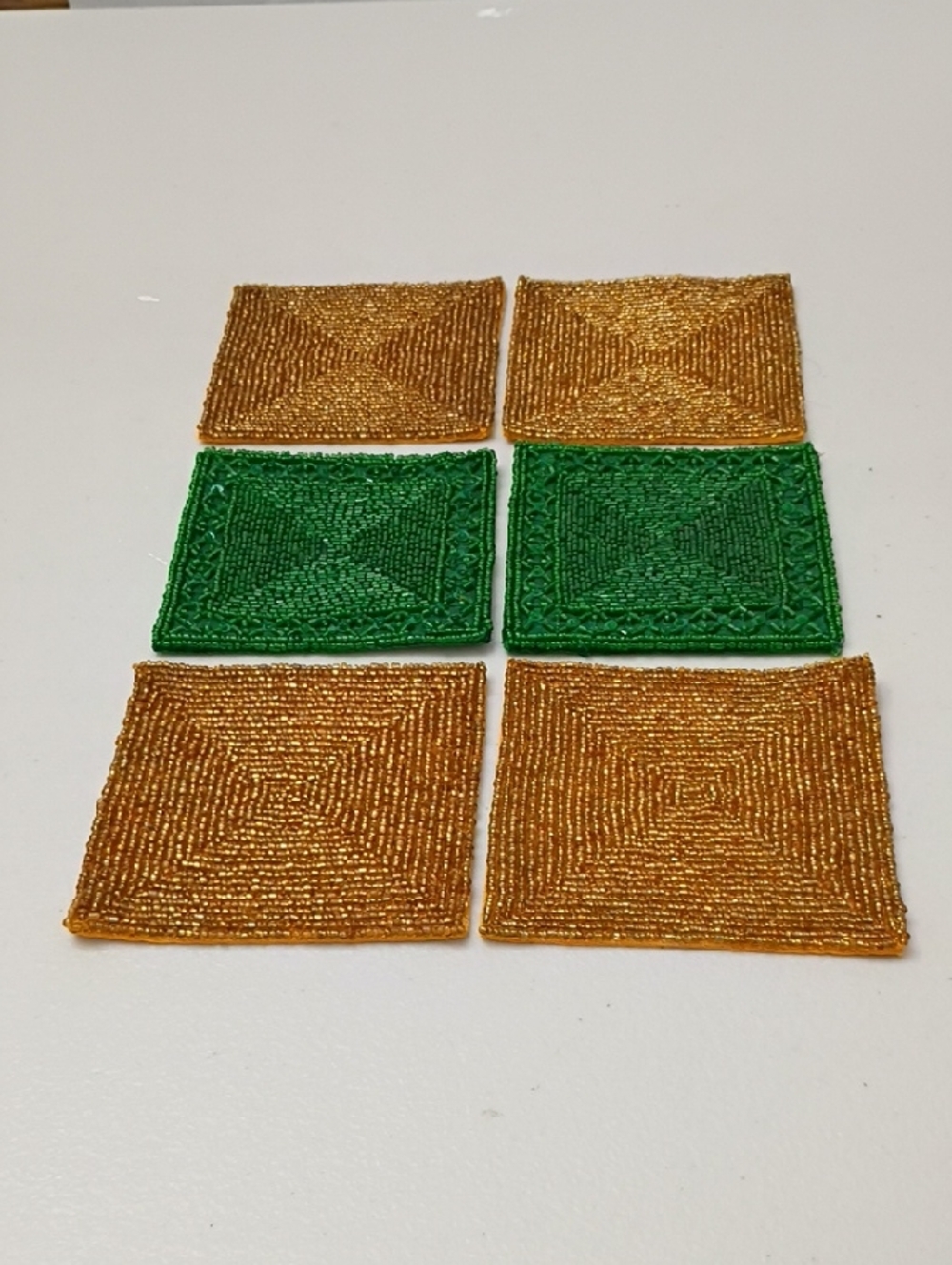 Vintage Gold and Green Beaded Square Coasters - Set of 6